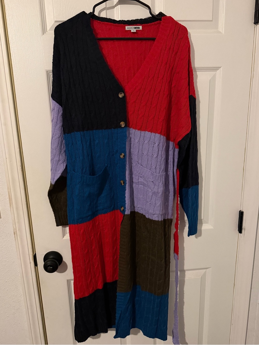 Fashion Nova Red Cable Knit Cardigan with Black Trim